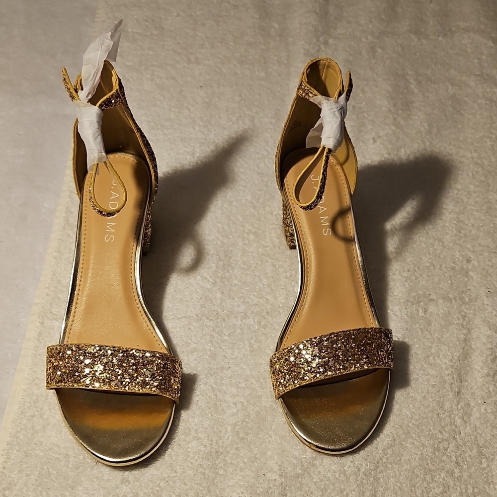 J.‎ Adams Gold Synthetic Strappy Block Heel Glitter Sandals Buckle Women's 6.5